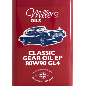 A red metal canister labelled "Millers Oils Classic Gear Oil EP 80w-90 GL4 - 5 Litres" features a blue classic car illustration, a British flag, and "Brighouse, Yorkshire" at the bottom.