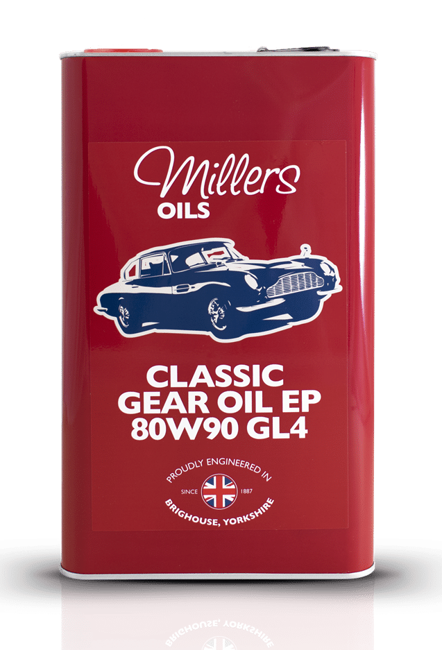 A red metal canister labelled "Millers Oils Classic Gear Oil EP 80w-90 GL4 - 5 Litres" features a blue classic car illustration, a British flag, and "Brighouse, Yorkshire" at the bottom.