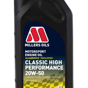 A 1-litre black bottle of Millers Classic High Performance 20w50 Engine Oil, labelled "Classic High Performance 20W-50" with a red and white logo, proudly made in Britain for classic racing competition.