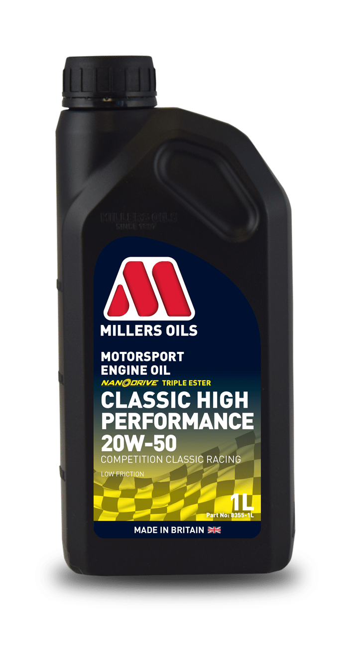 A 1-litre black bottle of Millers Classic High Performance 20w50 Engine Oil, labelled "Classic High Performance 20W-50" with a red and white logo, proudly made in Britain for classic racing competition.