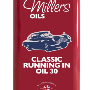 A 1 L red metal tin of Millers Oils Classic Running In Oil 30 - 1 Litre, featuring a vintage car illustration, British flag logo, and text noting it is engineered in Brighouse, Yorkshire.