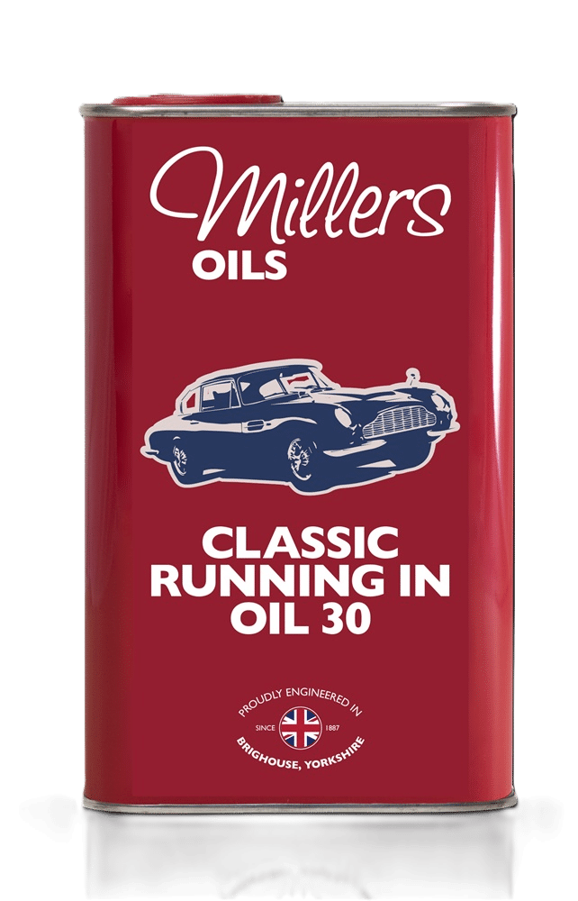A 1 L red metal tin of Millers Oils Classic Running In Oil 30 - 1 Litre, featuring a vintage car illustration, British flag logo, and text noting it is engineered in Brighouse, Yorkshire.