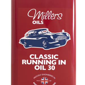 A red metal 5L "Millers Oils Classic Running-In Oil 30" container features a retro car, British flag, and the words "Proudly engineered in Brighouse, Yorkshire.