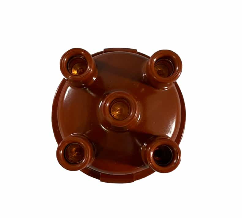A red plastic 123ignition 4 Cylinder Replacement Distributor Cap with five cylindrical openings arranged in a circular pattern, viewed from above against a white background, reminiscent of the classic distributor cap design.
