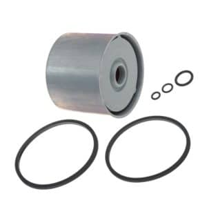 A Fuel Filter for Triumph TR5 & TR6 Pi is displayed on a white background, featuring a cylindrical metal design with a central hole, accompanied by five black rubber O-rings of varying sizes arranged around it.