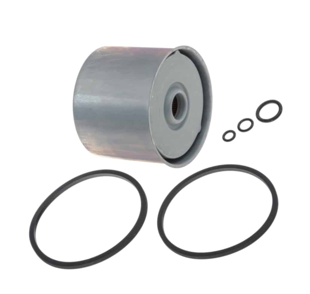 A Fuel Filter for Triumph TR5 & TR6 Pi is displayed on a white background, featuring a cylindrical metal design with a central hole, accompanied by five black rubber O-rings of varying sizes arranged around it.
