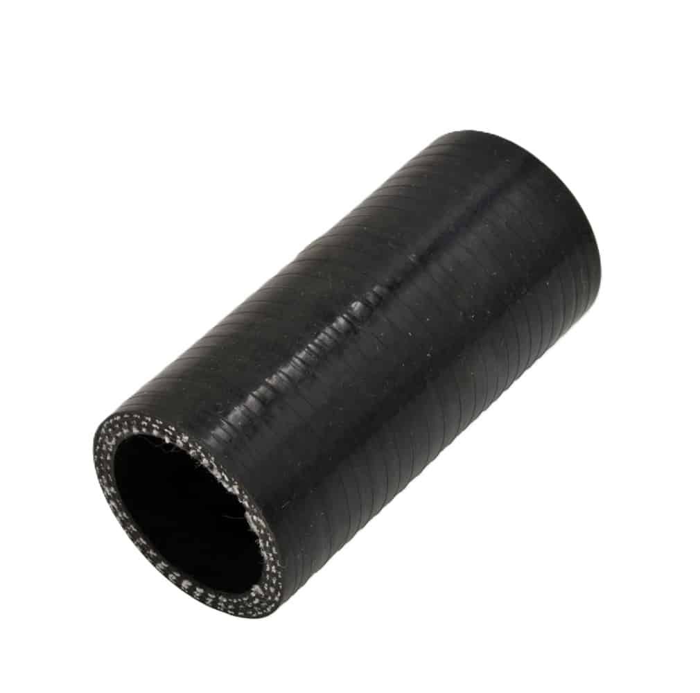 A short, cylindrical black silicone radiator top hose with visible ridges and a textured inner lining rests on a white background—designed for Triumph TR5 to TR6 models.