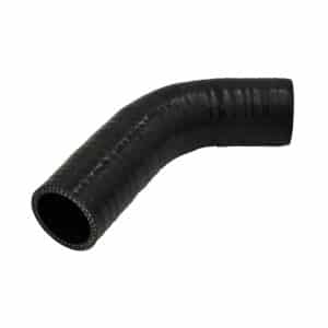 A black, flexible silicone radiator top hose for the Triumph TR5 to TR6, featuring a 90-degree bend and open at both ends, isolated on a white background.