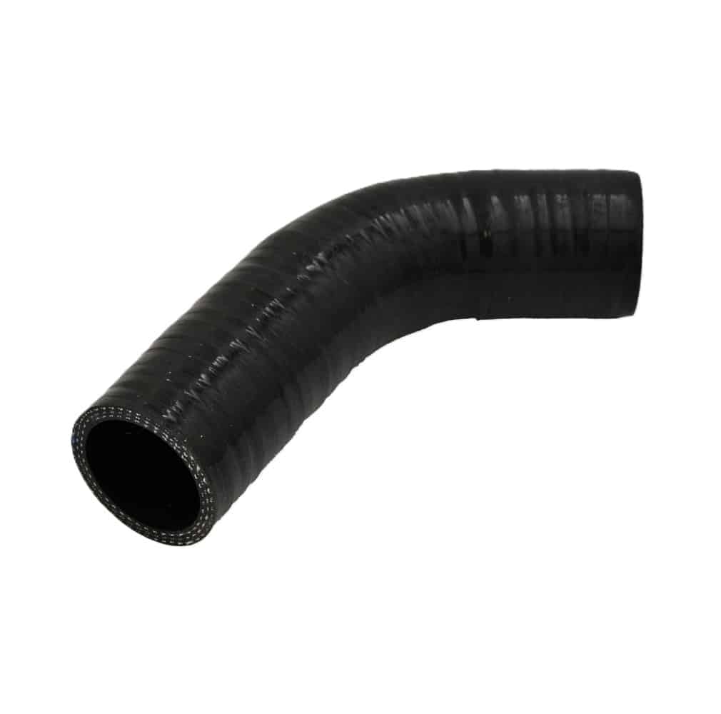 A black, flexible silicone radiator top hose for the Triumph TR5 to TR6, featuring a 90-degree bend and open at both ends, isolated on a white background.