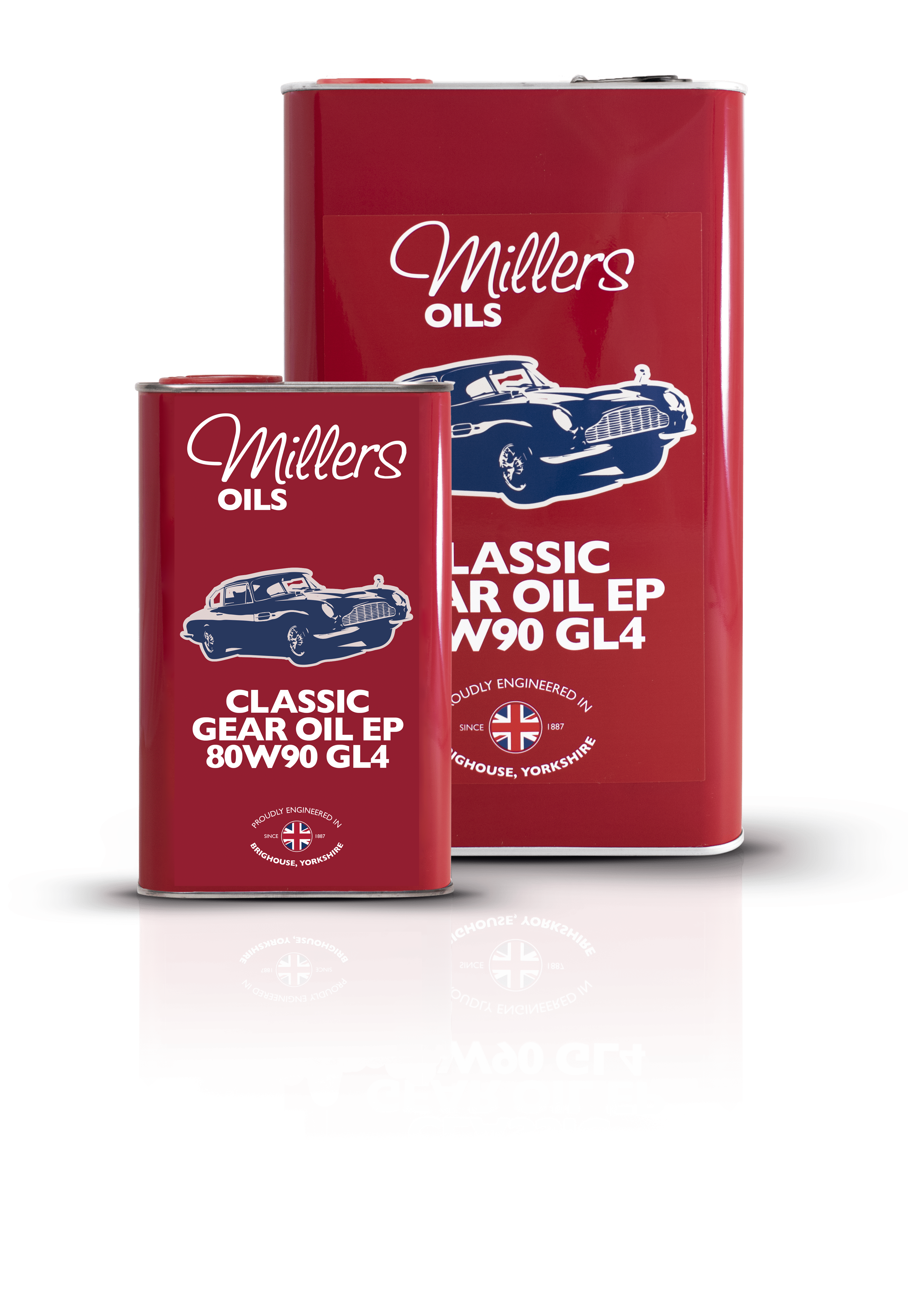 Two red metal cans of Millers Oils Classic Gear Oil EP 80w-90 GL4 - 1 Litre are displayed on a white background, featuring vintage car artwork and white text, with a smaller can placed in front of a larger one.