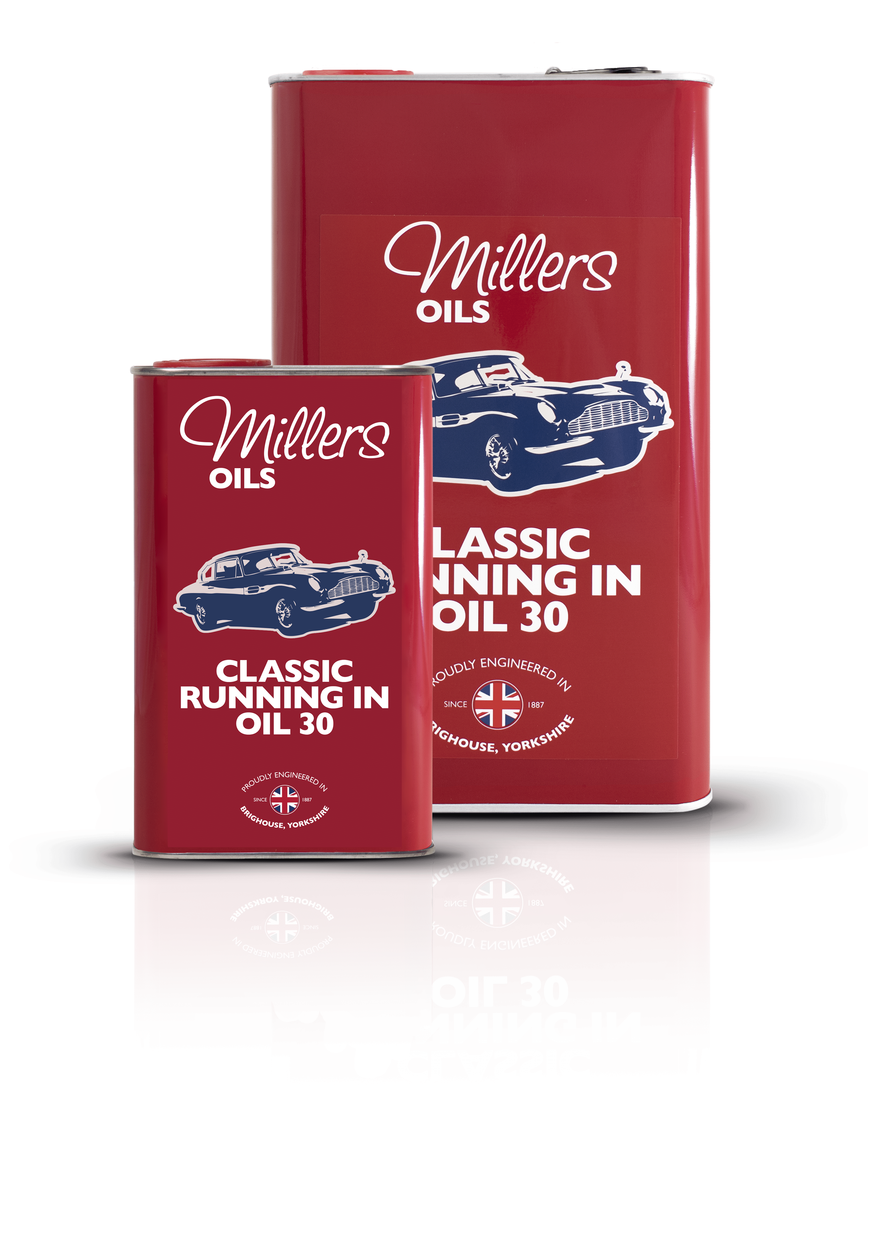 Two red Millers Classic Running In Oil 30 cans, including a 5 litre size, display vintage car art and white text. Set on a reflective surface with a light background, one can appears larger than the other.