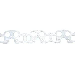 The Racetorations Uprated Manifold Gasket for Triumph TR5 to TR6, a silver metal gasket featuring multiple circular and rectangular openings, is displayed against a white background.