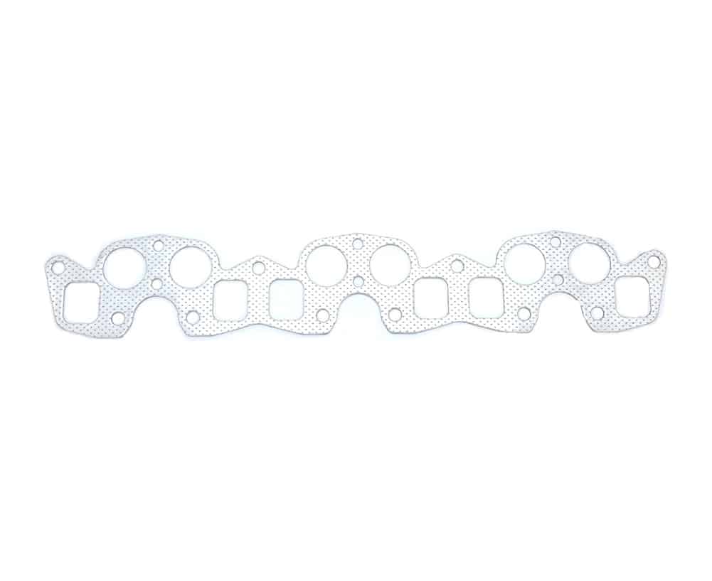 The Racetorations Uprated Manifold Gasket for Triumph TR5 to TR6, a silver metal gasket featuring multiple circular and rectangular openings, is displayed against a white background.