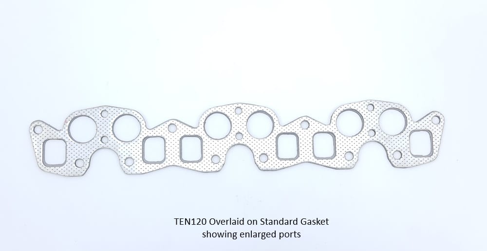 A Racetorations Uprated Manifold Gasket for Triumph TR5 to TR6, featuring multiple round and rectangular ports, is displayed against a white background. Below, the text reads: “Racetorations Uprated Manifold Gasket Triumph TR5 to TR6 overlaid on standard gasket showing enlarged ports.”.