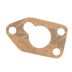 A brown, irregularly shaped paper block gasket with three holes and partially visible “Oil Resist” text on the surface, identified as the Oil Pump to Block Gasket for Triumph TR2 to TR4A & Morgan +4, isolated on a white background.