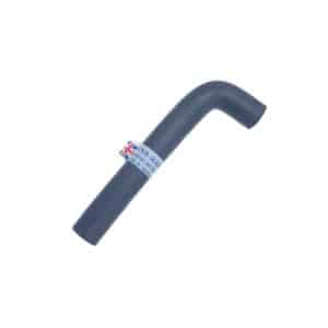 A black, L-shaped Engine to Bulkhead Hose for Triumph TR2 to TR3B, made of rubber and featuring a sticker with a small Union Jack flag and text, is shown against a plain white background.