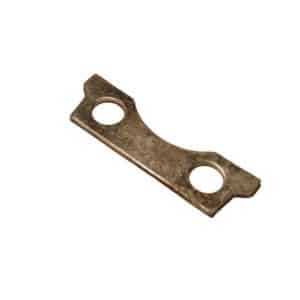 A small, flat, metallic lock tab with two round holes and slightly notched edges, photographed on a white background—this Cooling Fan Lock Tab - Triumph TR2 to TR6 is designed specifically for classic Triumph TR2 through TR6 models.