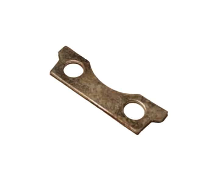 A small, flat, metallic lock tab with two round holes and slightly notched edges, photographed on a white background—this Cooling Fan Lock Tab - Triumph TR2 to TR6 is designed specifically for classic Triumph TR2 through TR6 models.