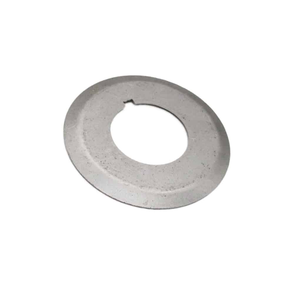 A round, flat, metallic Oil Thrower Timing Chain for Triumph TR5 to TR6, featuring a large central hole and a small notch on the inner edge—commonly used in the timing chain assembly—displayed on a white background.