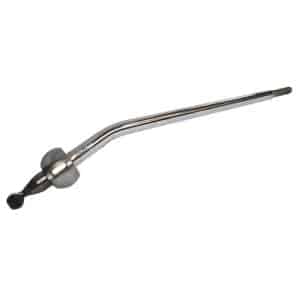 A sleek chrome-finished gear lever assembly, reminiscent of classic Triumph TR4 to TR4A design, featuring a curved handle and a rounded end—commonly recognised for its distinctive automotive style.