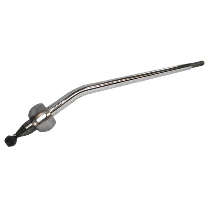 A sleek chrome-finished gear lever assembly, reminiscent of classic Triumph TR4 to TR4A design, featuring a curved handle and a rounded end—commonly recognised for its distinctive automotive style.