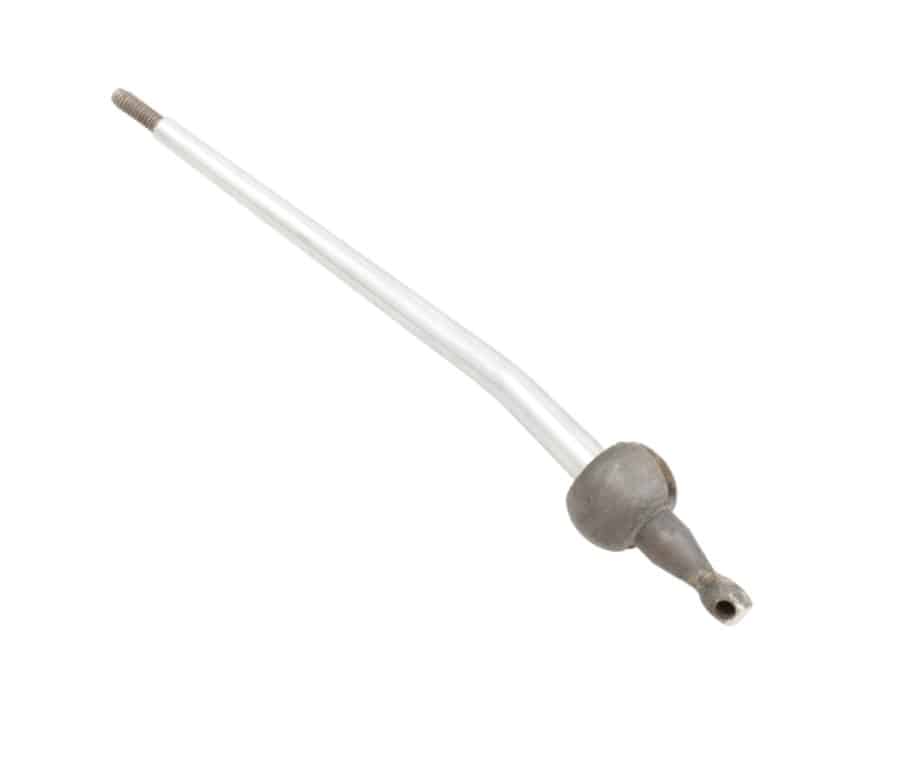 A Gear Lever Assembly – Chrome – for Triumph TR4 to TR4A, featuring a slightly bent metal construction with a threaded end and a spherical joint at the base, shown isolated on a white background.