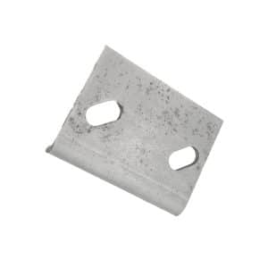 A small, rectangular metal plate—a Steering Rack Mounting Reinforcement Plate for Triumph vehicles—rests on a white background. Its slightly rough, unfinished surface suggests a focus on durability and robust functionality.