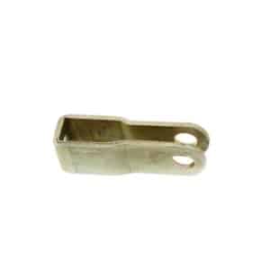 The Handbrake Cable Fork End for Triumph TR4A to TR6 is a metal, U-shaped clevis fastener featuring a rectangular opening at one end and two aligned circular holes on its extended arms, specifically designed for attaching handbrake cables to rods or cables in classic vehicles such as the Triumph TR4A and TR6; shown isolated against a white background.