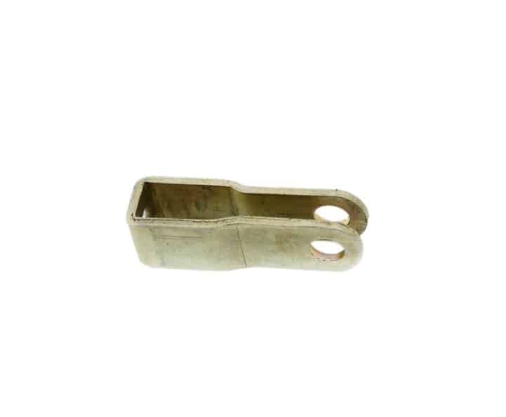 The Handbrake Cable Fork End for Triumph TR4A to TR6 is a metal, U-shaped clevis fastener featuring a rectangular opening at one end and two aligned circular holes on its extended arms, specifically designed for attaching handbrake cables to rods or cables in classic vehicles such as the Triumph TR4A and TR6; shown isolated against a white background.
