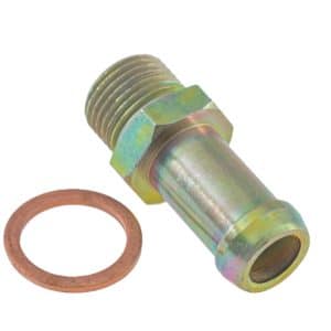 A Threaded Adaptor Tube - Triumph metal hose fitting with a hexagonal nut and threaded end is displayed next to a flat copper washer on a white background.