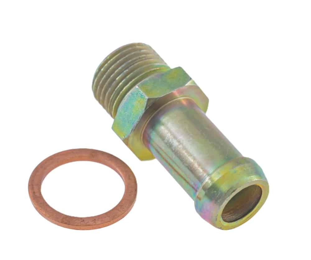 A Threaded Adaptor Tube - Triumph metal hose fitting with a hexagonal nut and threaded end is displayed next to a flat copper washer on a white background.