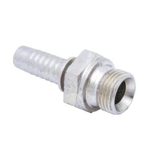 A close-up of the Adaptor - Hose to Inlet Manifold Triumph TR250, featuring a silver threaded metal end and a ridged, cylindrical section designed for hose attachment. The adaptor is shown on a white background, making it ideal for connecting hoses to the inlet manifold on classic vehicles like the Triumph TR250.