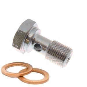 A Banjo Bolt 5/16 UNF for Triumph GT6 & Vitesse, featuring a hexagonal head and threaded metal body, is displayed alongside two copper washers on a white background—ideal for classic car repairs.