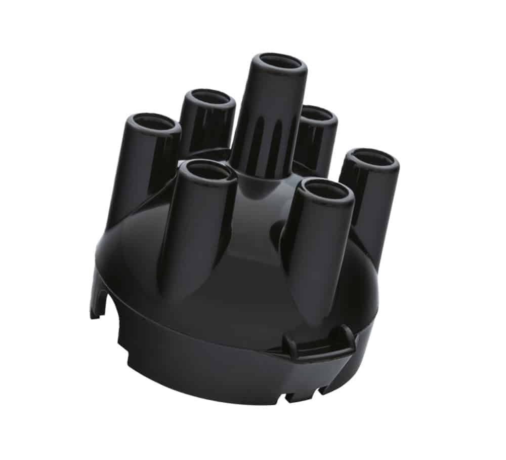 Black Plastic Distributor Cap with 6 cylindrical prongs, designed for Triumph TR5 to TR6 Lucas 22D6 and 25D6 Distributors