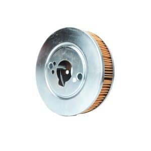 A round metal air filter featuring a pleated orange paper element with multiple holes, designed for use with Stromberg Carbs on Triumph GT6, Vitesse, Dolomite 1850cc, and 2000 Mk2 engines, isolated on a white background.