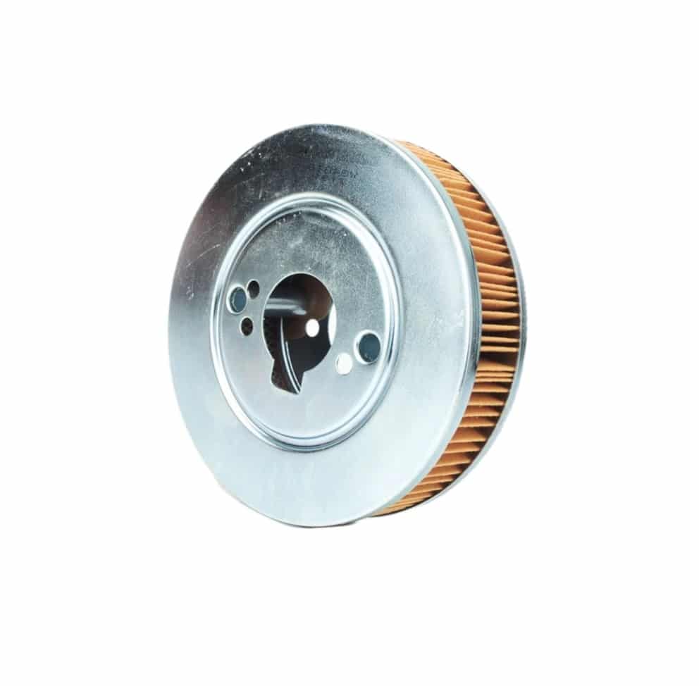 A round metal air filter featuring a pleated orange paper element with multiple holes, designed for use with Stromberg Carbs on Triumph GT6, Vitesse, Dolomite 1850cc, and 2000 Mk2 engines, isolated on a white background.