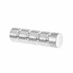 A Threaded Oil Gallery Plug for Triumph, featuring a cylindrical metal design with four evenly spaced ridges and a flat end, displayed against a white background.
