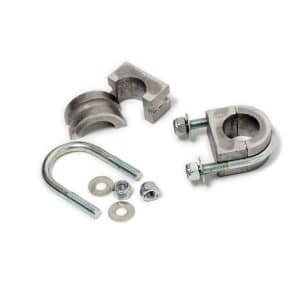 A metal U-bolt clamp assembly with nuts, washers, and two grooved metal brackets, all displayed against a white background.