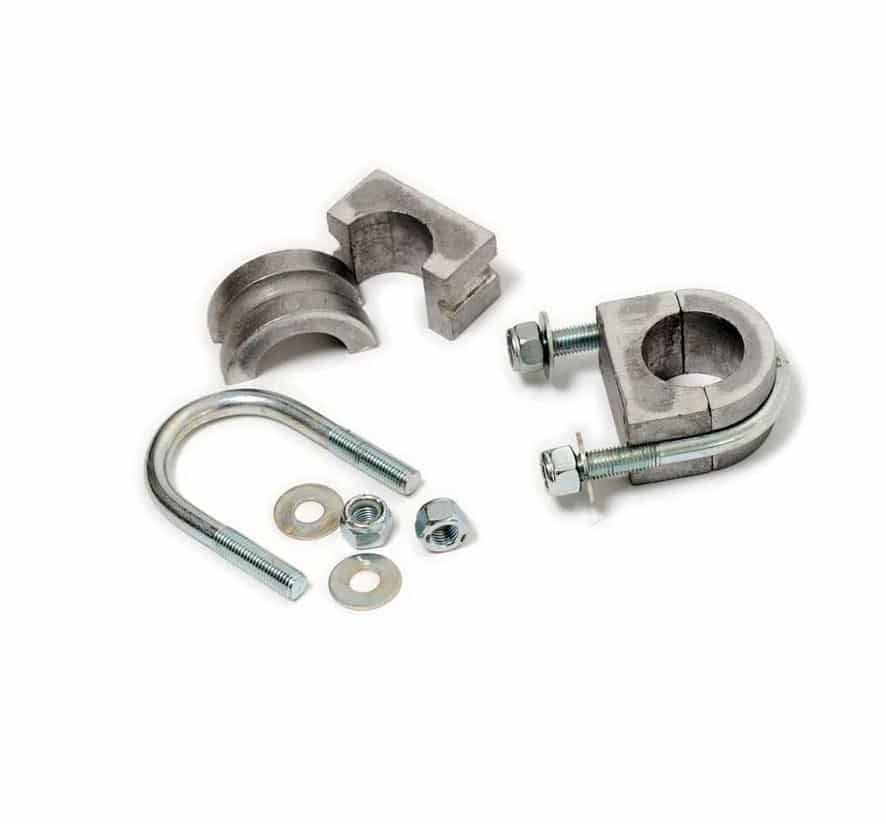 A metal U-bolt clamp assembly with nuts, washers, and two grooved metal brackets, all displayed against a white background.