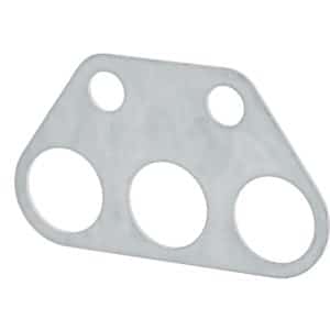 A flat, silver metal Selector Shaft Cover Plate featuring five circular holes—three larger holes aligned in a row at the bottom and two smaller, evenly spaced holes at the top. Its straight edges with slightly rounded corners are specifically designed to fit classic Triumph TR2 to TR6 models.