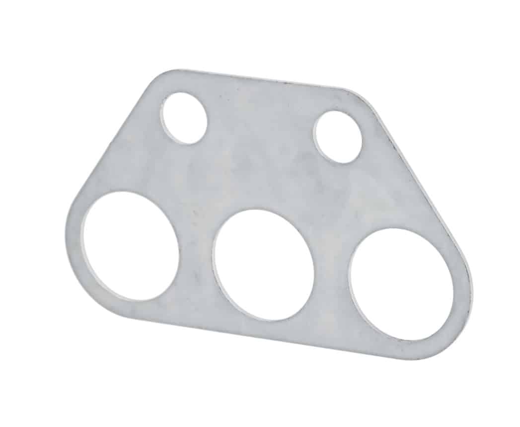 A flat, silver metal Selector Shaft Cover Plate featuring five circular holes—three larger holes aligned in a row at the bottom and two smaller, evenly spaced holes at the top. Its straight edges with slightly rounded corners are specifically designed to fit classic Triumph TR2 to TR6 models.