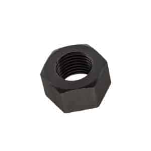 A Plain Nut 1/2 UNF Black (Cylinder Head) suitable for classic vehicles like the Triumph TR2 to TR4A, featuring internal threading and a hexagonal metal design, is displayed against a white background.