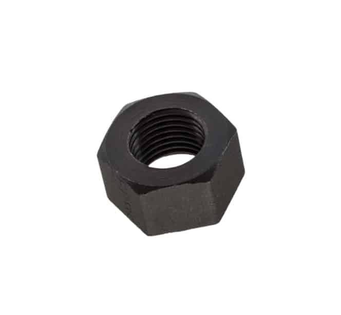 A Plain Nut 1/2 UNF Black (Cylinder Head) suitable for classic vehicles like the Triumph TR2 to TR4A, featuring internal threading and a hexagonal metal design, is displayed against a white background.