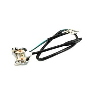 A close-up of the Indicator Switch Triumph TR6 shows an electrical connector with a black cable and three exposed wires—red, green, and black—each ending in metal terminals. The connector features plastic insulation and a metal mounting bracket, as commonly found in this assembly.