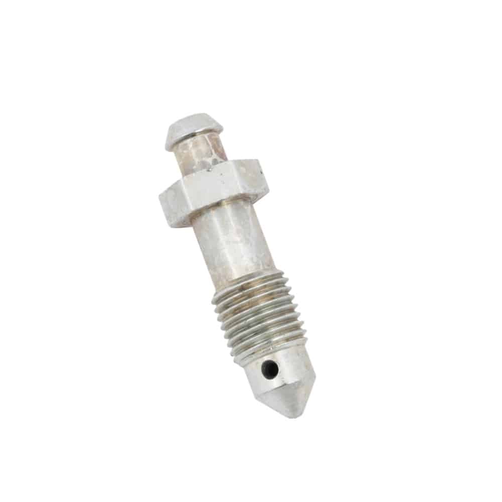 A close-up of a Brake Caliper Bleed Screw Triumph, featuring threads and a hexagonal head, isolated on a white background.