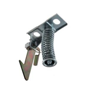 A close-up of a metal latch mechanism featuring a coiled spring, flat mounting plates, and an angled lever—this classic Bonnet Fastener with Safety Hook is designed for the Triumph TR5, TR250 & TR6, serving as a reliable safety component against a white background.