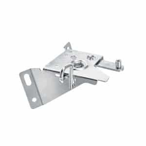 Bonnet Lock Catch Plate for Triumph TR4 to TR6: A silver metal bracket with a curved hook, angled base, and mounting slot, featuring various cut-outs and raised elements—commonly used as a hardware component for mechanical or structural purposes on classic Triumph TR4 and TR6 vehicles.