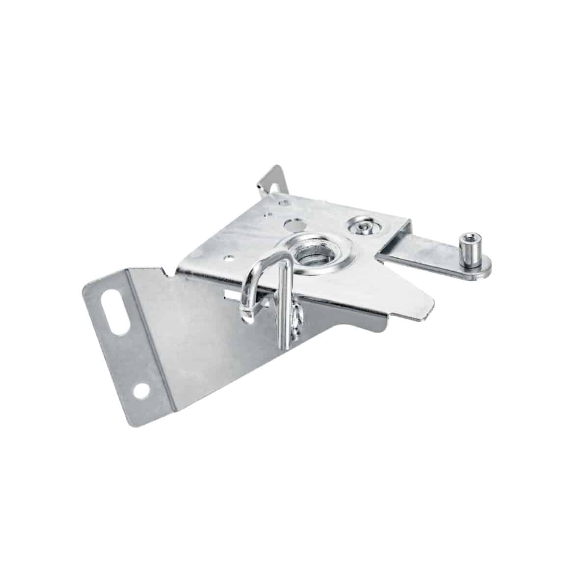 Bonnet Lock Catch Plate for Triumph TR4 to TR6: A silver metal bracket with a curved hook, angled base, and mounting slot, featuring various cut-outs and raised elements—commonly used as a hardware component for mechanical or structural purposes on classic Triumph TR4 and TR6 vehicles.