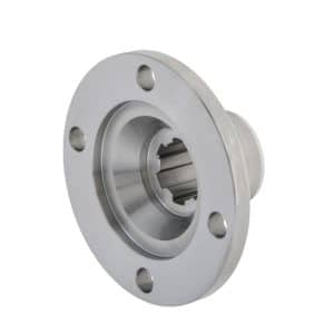 Silver metal Differential Input Flange Triumph TR2 to TR4A featuring a splined centre and four bolt holes.