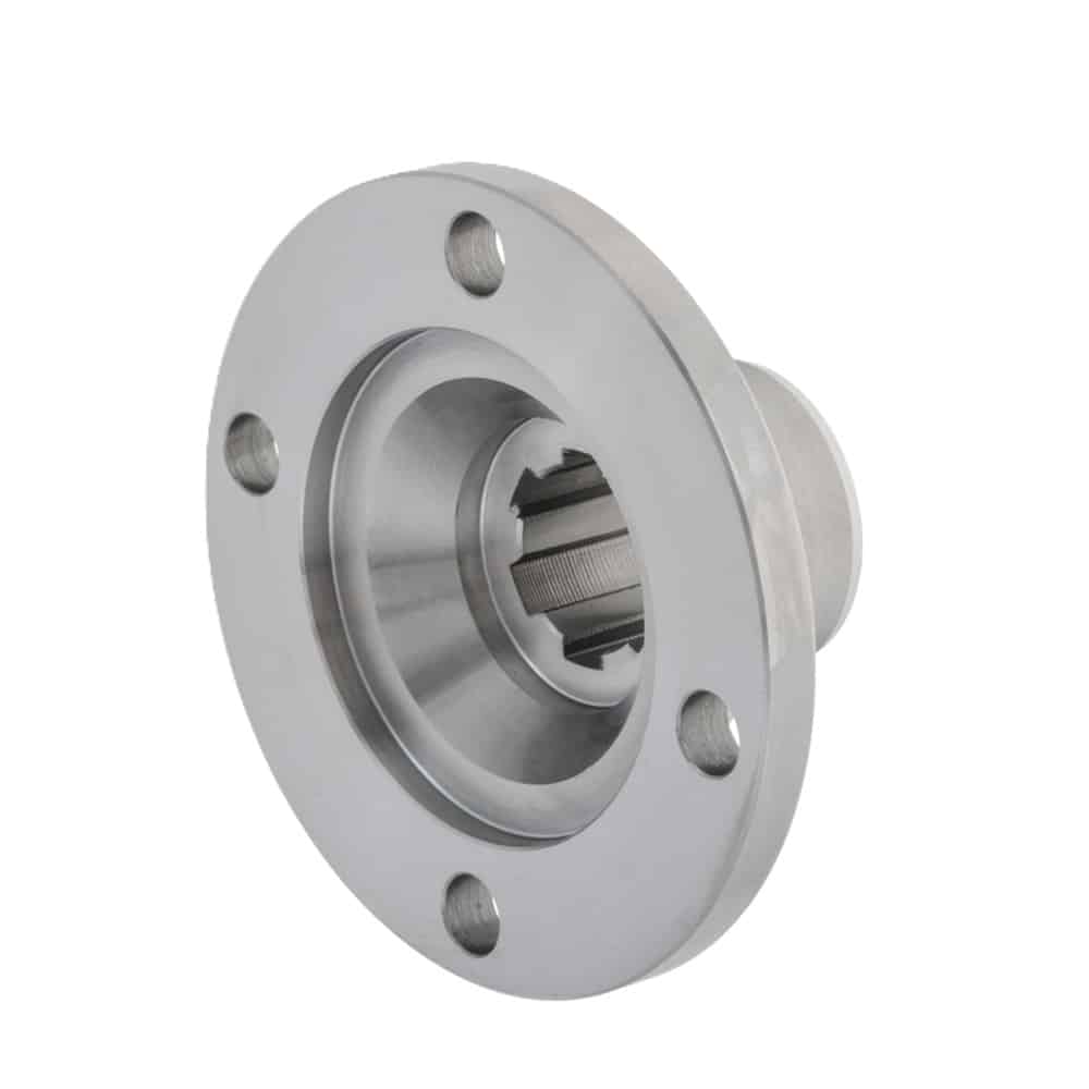 Silver metal Differential Input Flange Triumph TR2 to TR4A featuring a splined centre and four bolt holes.